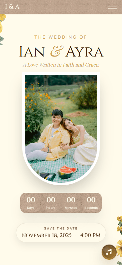 Bloom Sunflower wedding website mobile preview